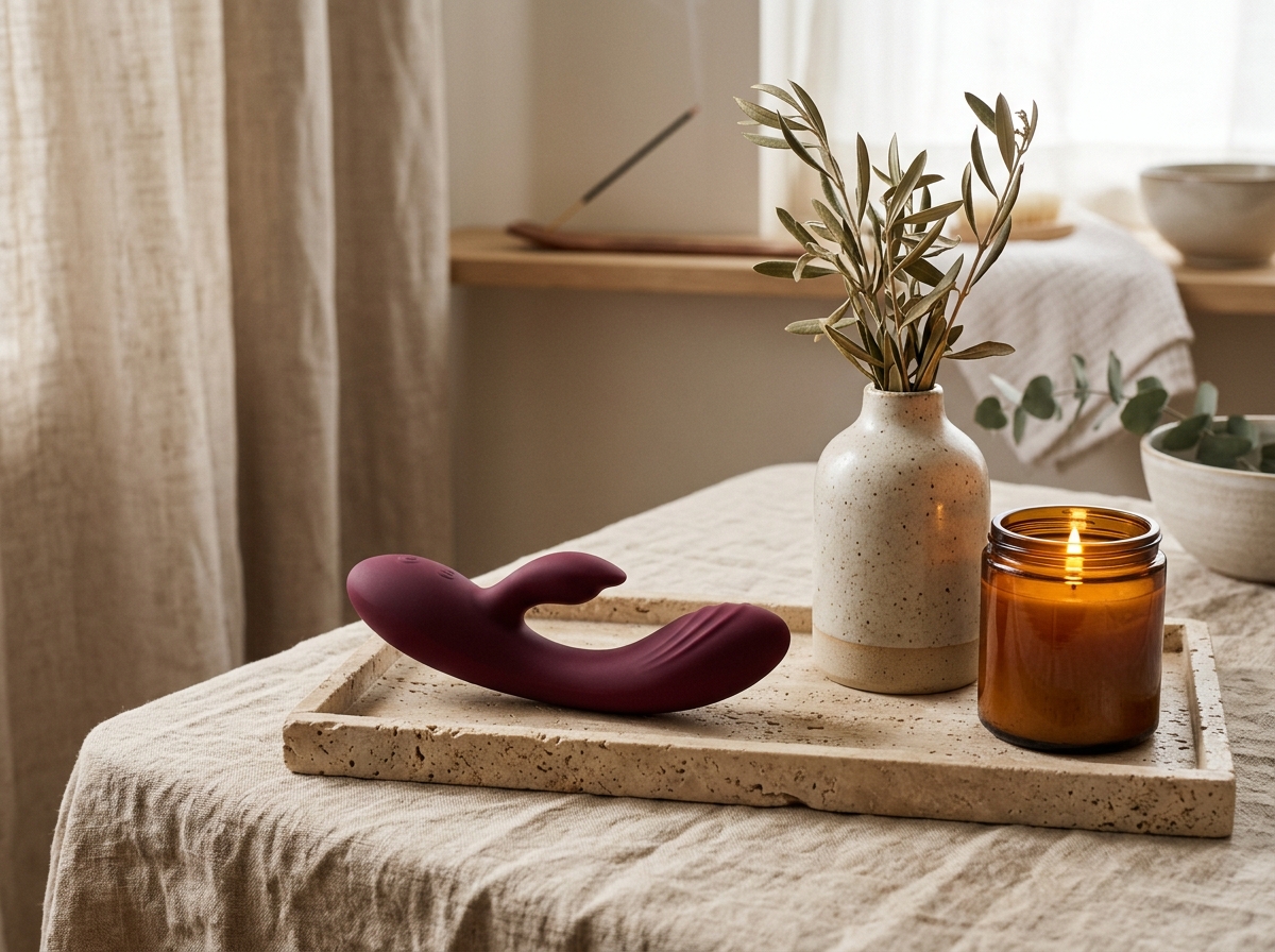 Minimalist luxury intimate wellness still-life on travertine stone